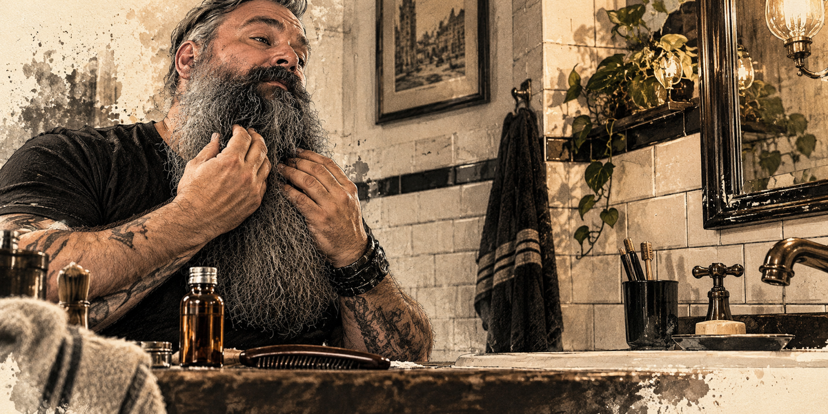 Beardsman™ editorial illustration for an article explaining what beard oil does and does not do.
