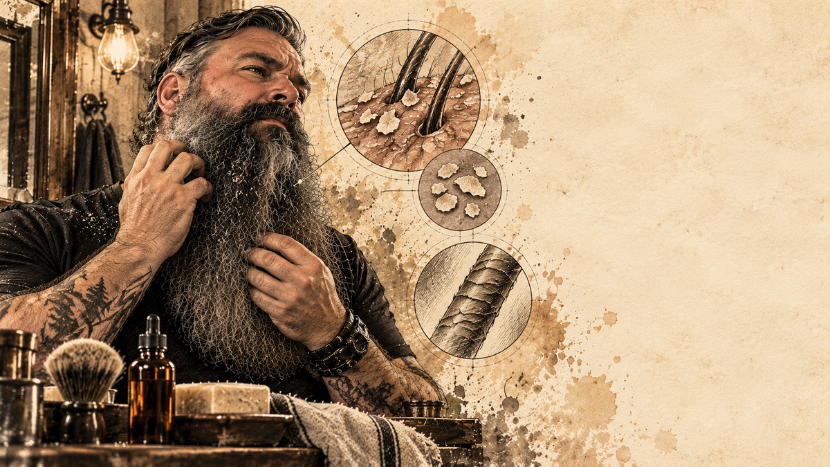 Bearded man examining beard irritation with illustrated skin and hair details