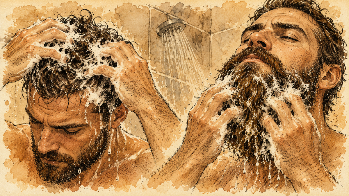Illustration comparing washing scalp hair with shampoo and washing a beard with a beard-specific cleanser