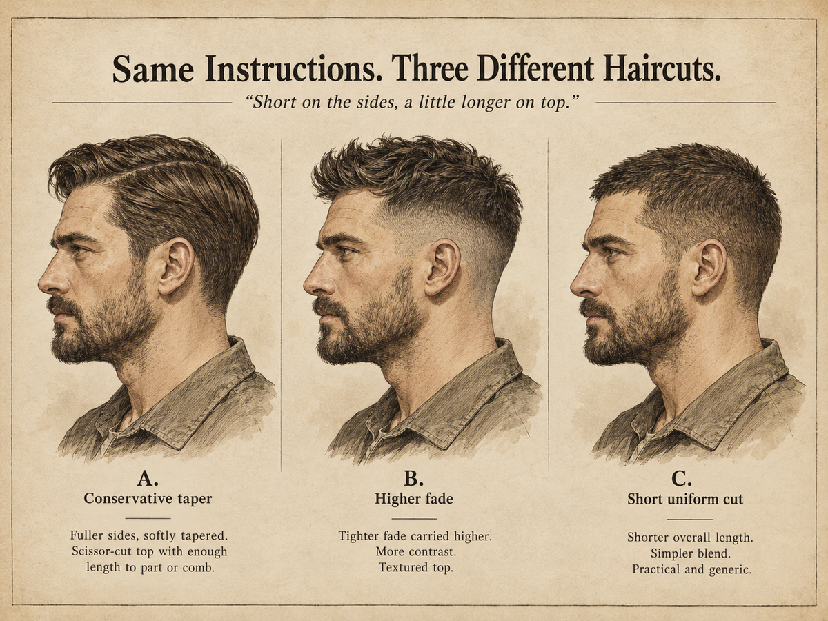 Three different men's haircuts from similar vague instructions, showing a conservative taper, modern fade and short cut.