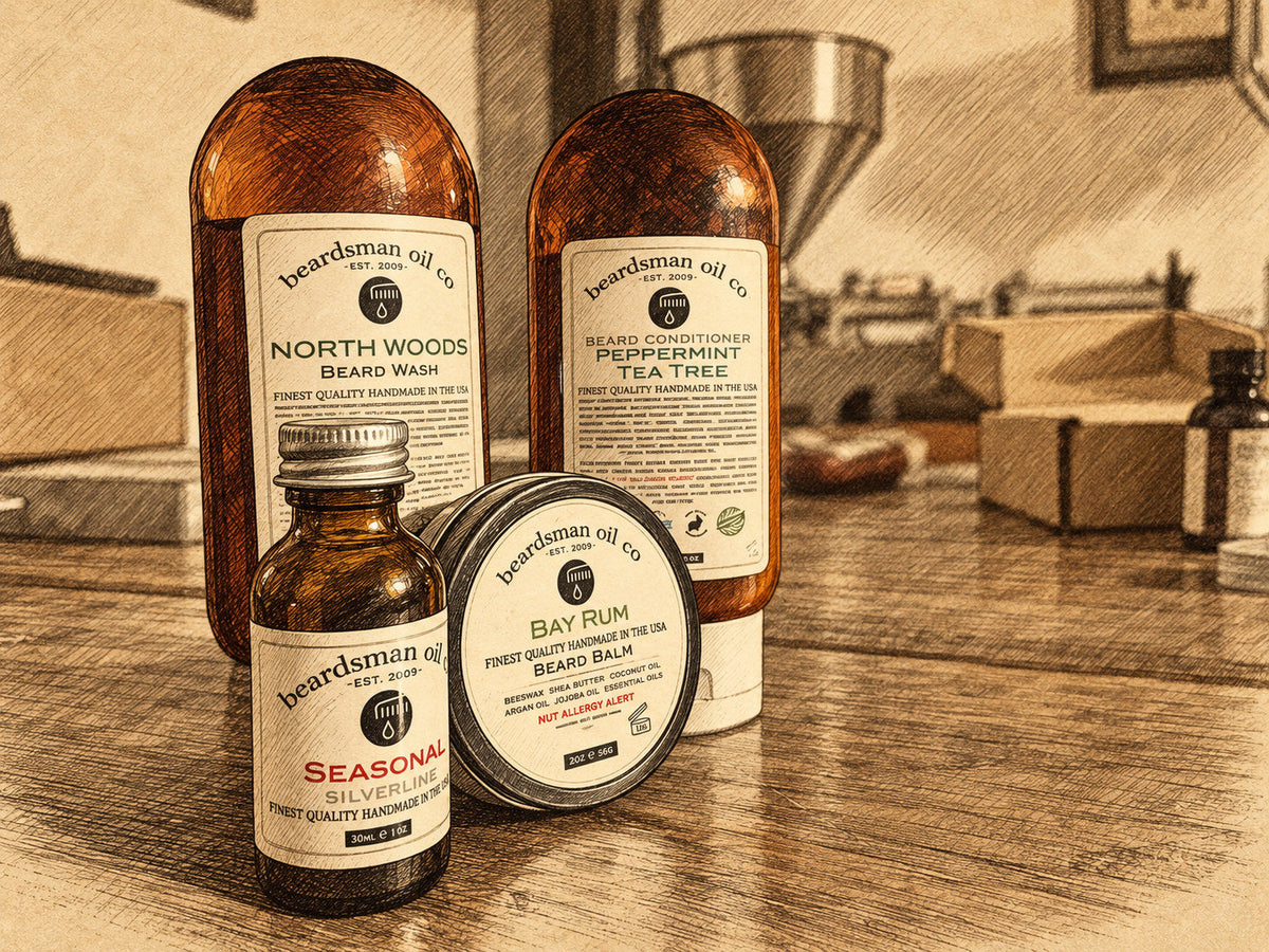 Sepia pen-and-ink illustration of four real Beardsman grooming products on the shipping bench: beard wash, conditioner, beard oil and beard balm.
