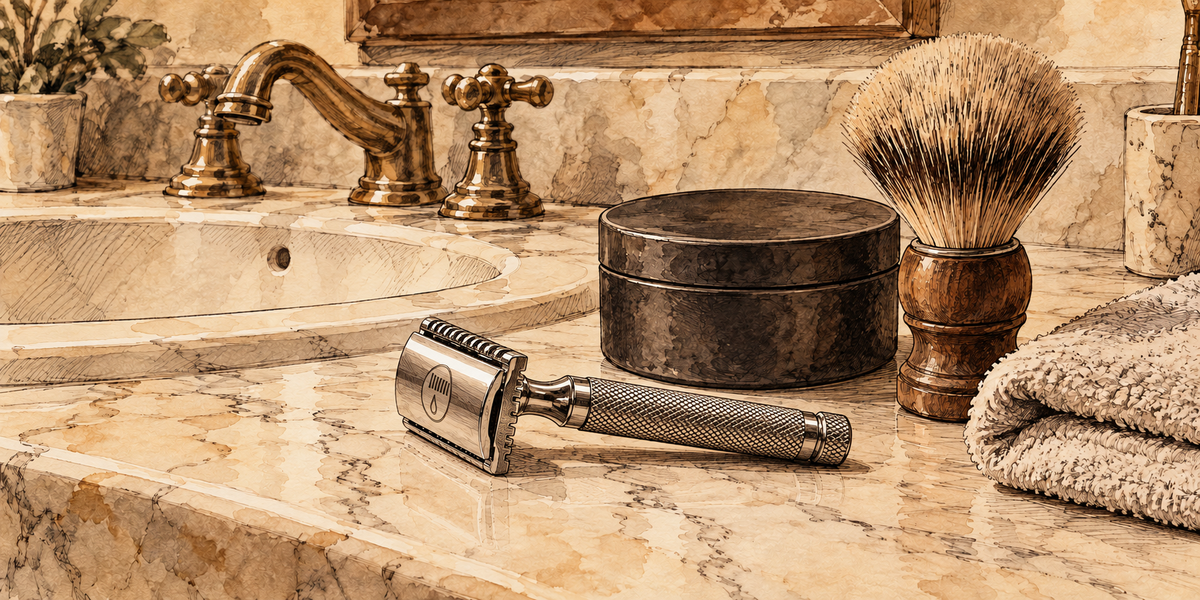 Illustration of an engraved Beardsman™ double-edge safety razor beside shaving soap, a brush and towel.