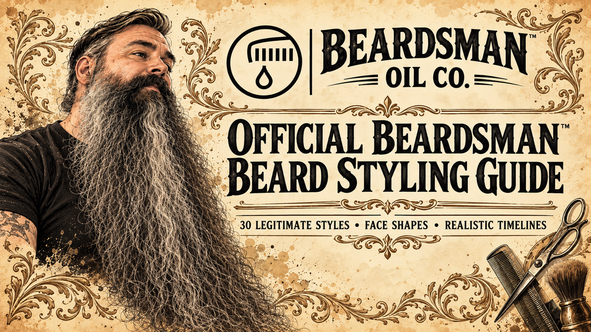 Official Beardsman™ Beard Styling Guide hero featuring a long full beard and Beardsman™ branding.
