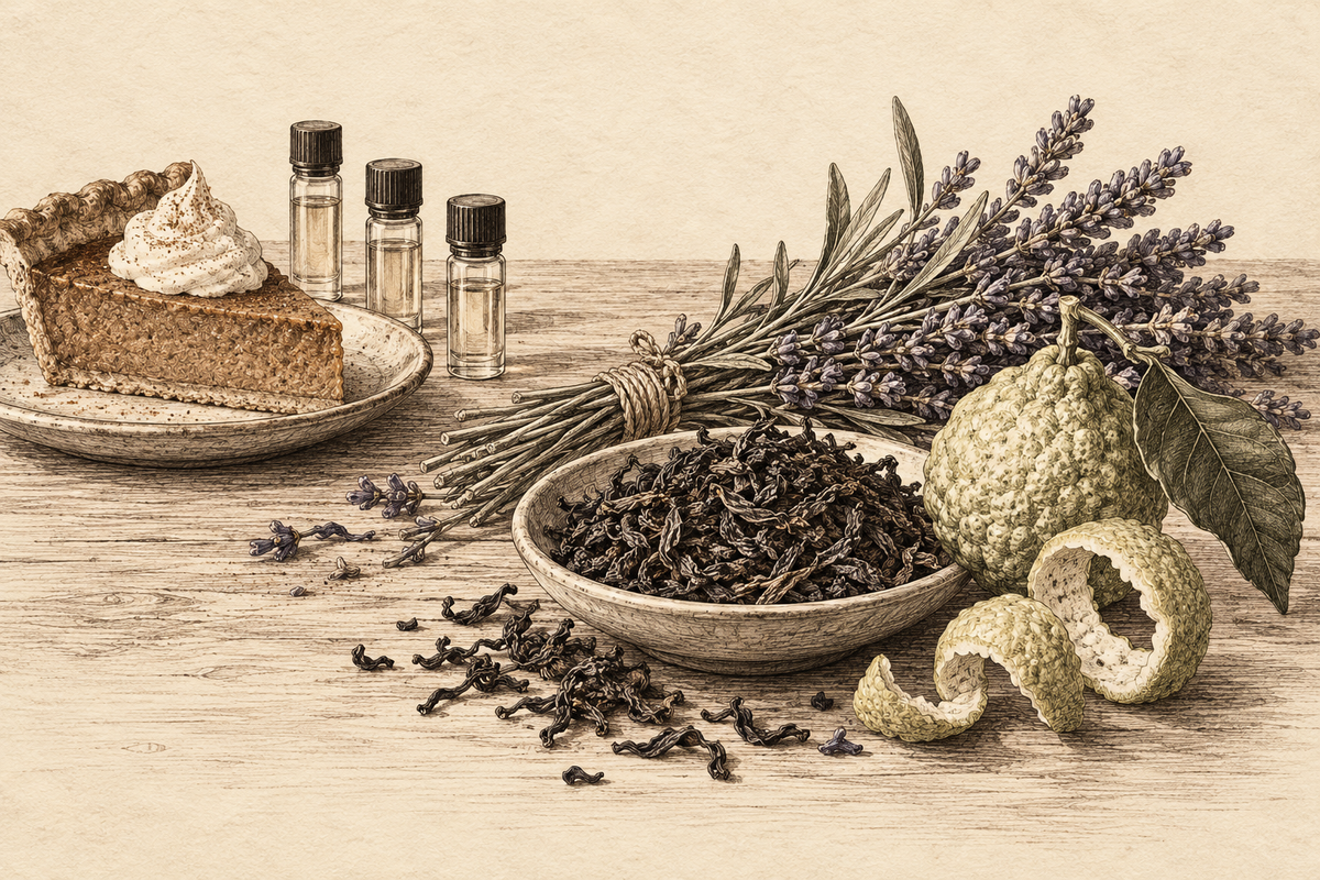 Pumpkin pie and fragrance samples beside black tea, bergamot peel, and whole lavender.