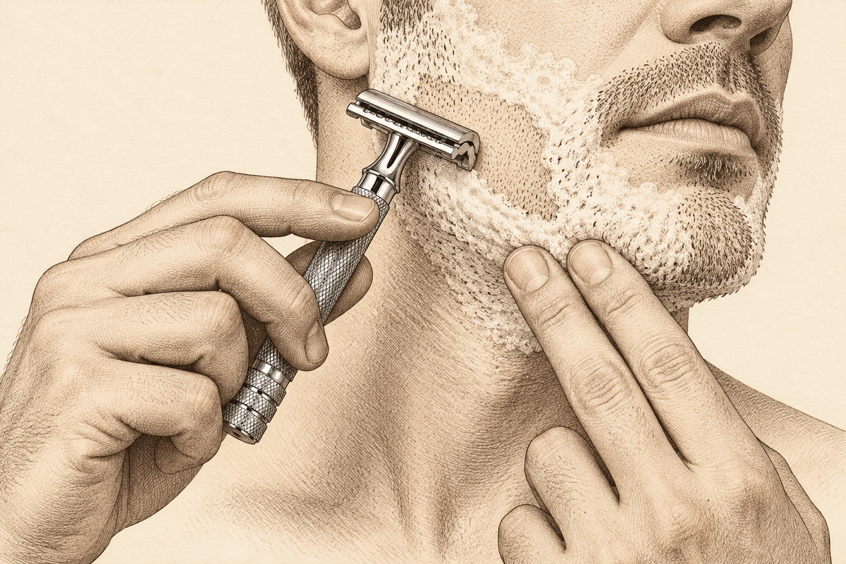 Sepia drawing of a fingertip razor grip with the other hand gently steadying the skin.
