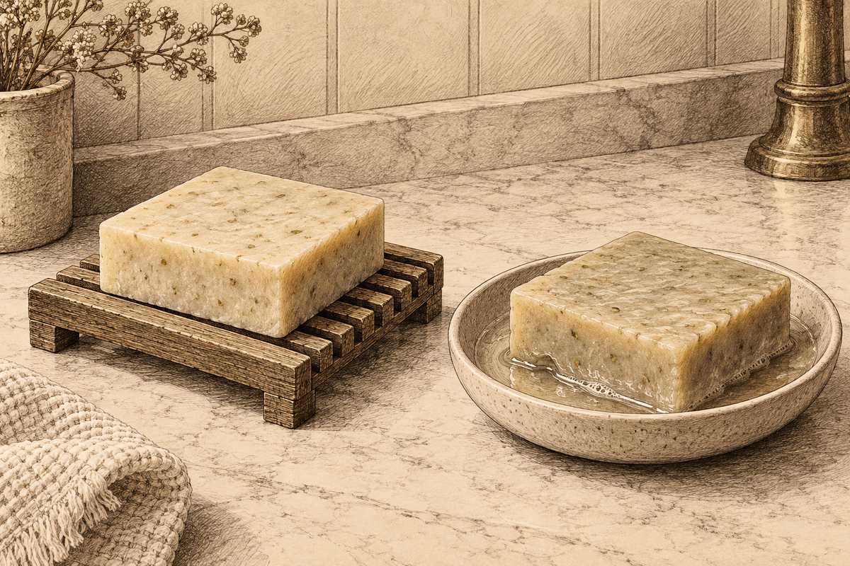 Sepia illustration of square soap bars on a draining rack and in a dish of standing water.