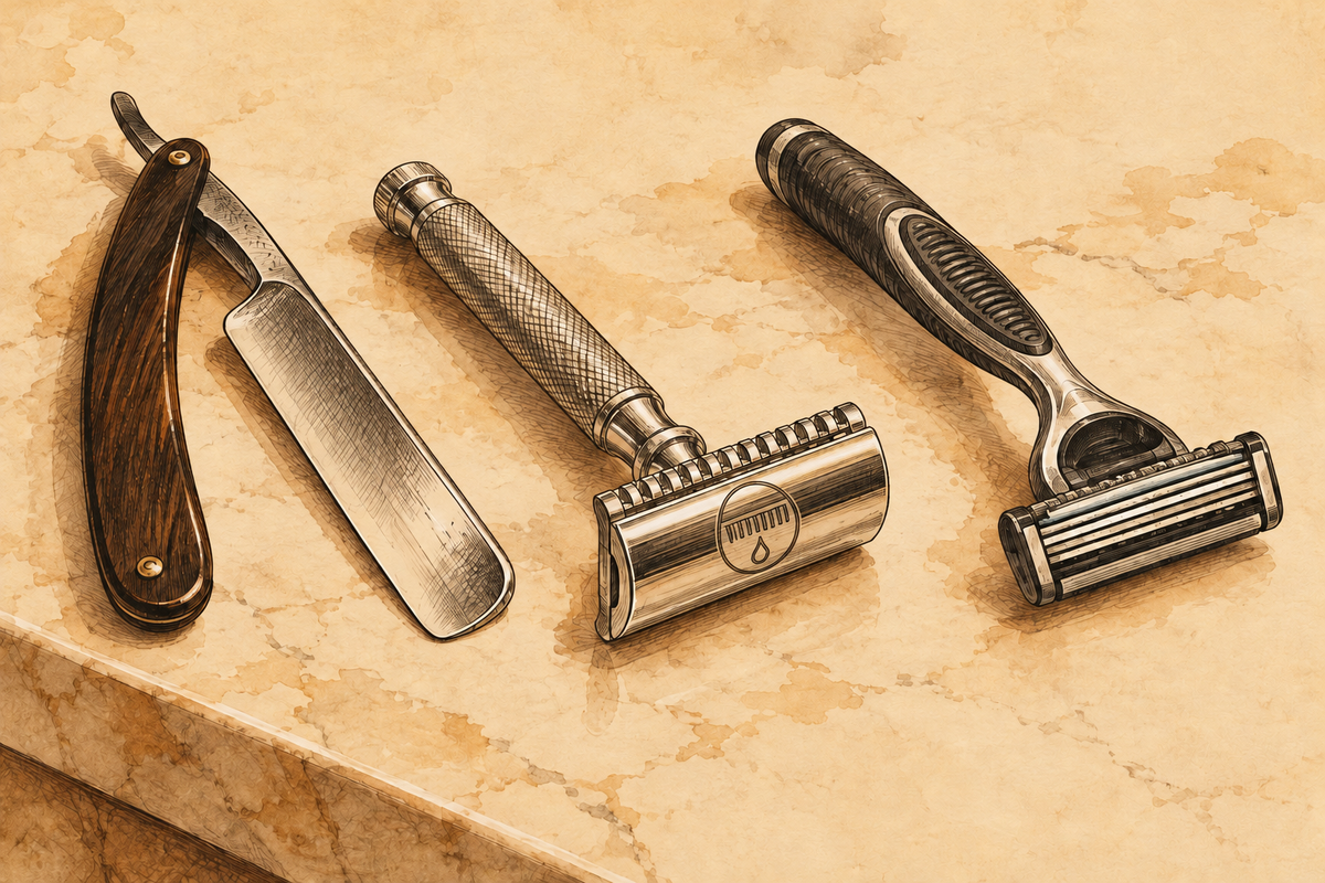 Straight razor, engraved Beardsman™ safety razor and three-blade cartridge razor illustrated side by side.