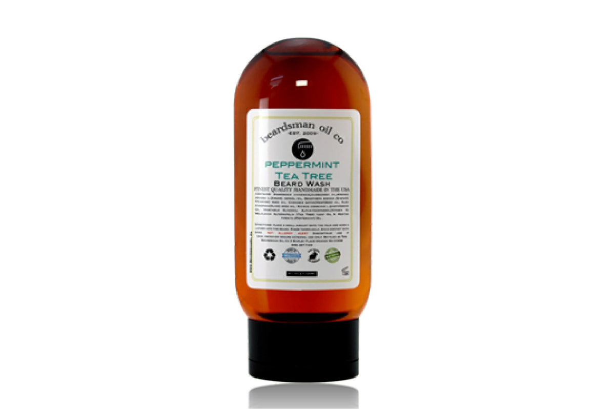 Bottle of Beardsman Oil Co Peppermint Tea Tree beard wash with white label