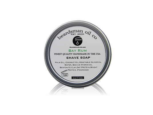 Beardsman™ Bay Rum shave soap in a 2 oz aluminum tin