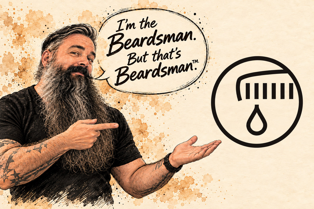 Illustration of Jason pointing to the Beardsman comb-and-drop logo, saying: I’m the Beardsman. But that’s Beardsman™.