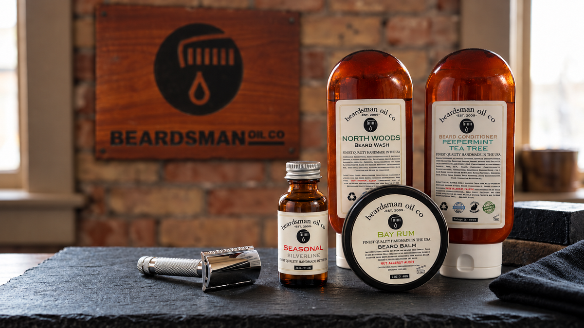 Beardsman beard wash, conditioner, beard oil and balm on slate beneath the original wooden shop sign.