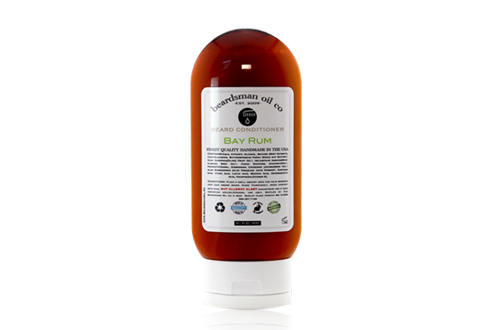 Bottle of Beardsman Oil Co Bay Rum Beard Conditioner with white label