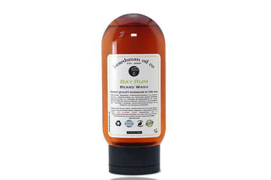 Bottle of Beardsman Oil Co Bay Rum Beard Wash with white label