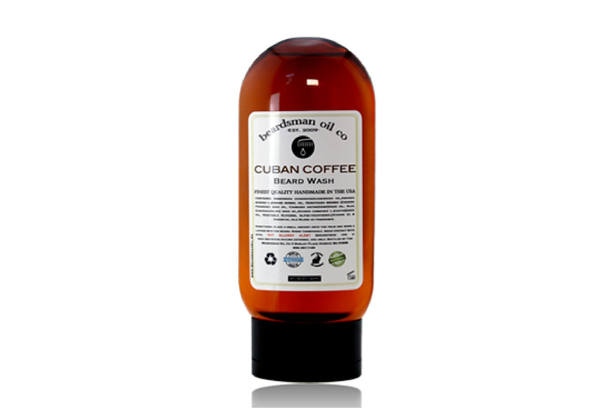 Bottle of Beardsman Oil Co Cuban Coffee Beard Wash with white label