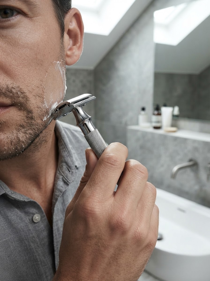 Man shaving with a closed-comb stainless steel safety razor