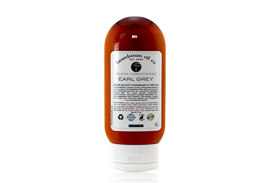 Bottle of Beardsman Oil Co Earl Grey Beard Conditioner with white label