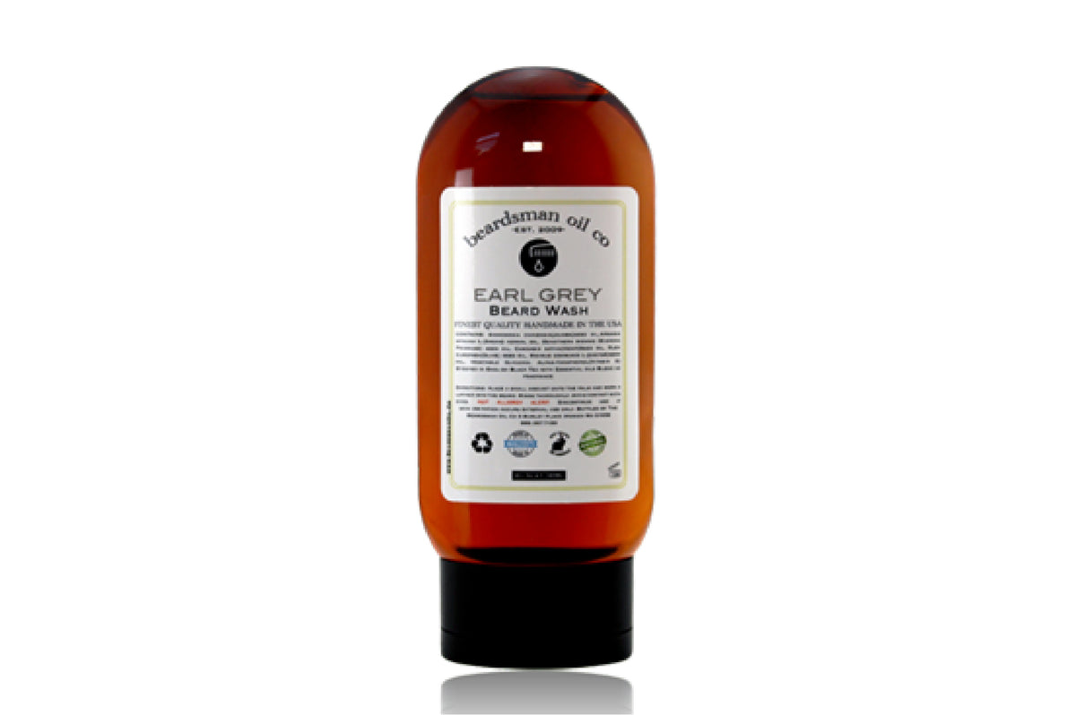 Bottle of Beardsman Oil Co Earl Grey Beard Wash with white label