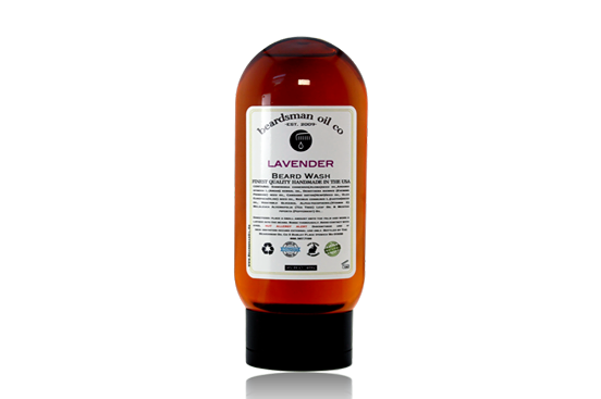 Bottle of Beardsman Oil Co Lavender Beard Wash with white label