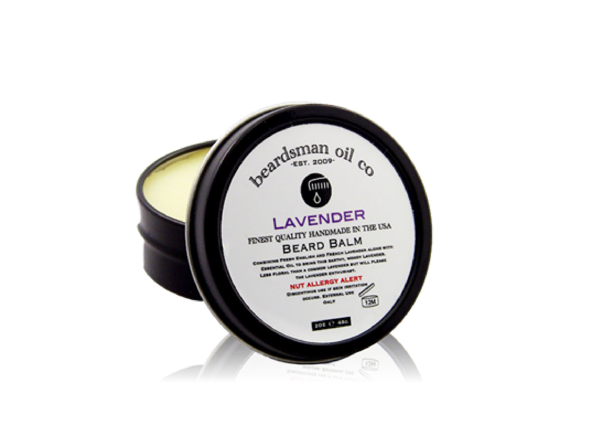 Open black tin of Beardsman Oil Co Lavender beard balm with white label