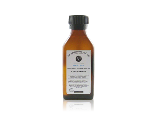 Beardsman™ Menthol aftershave splash in an amber 100 ml bottle
