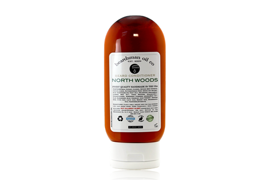 Bottle of Beardsman Oil Co North Woods Beard Conditioner with white label