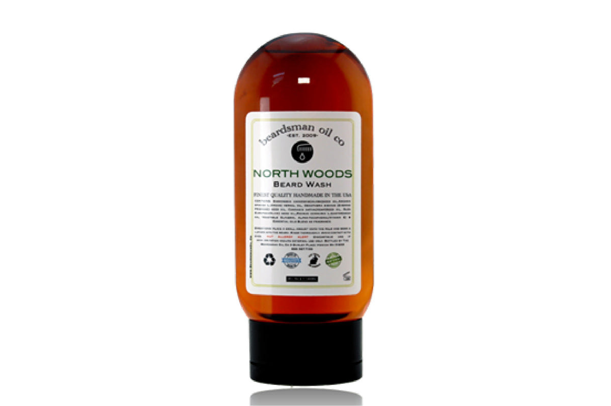Bottle of Beardsman Oil Co North Woods Beard Wash with white label