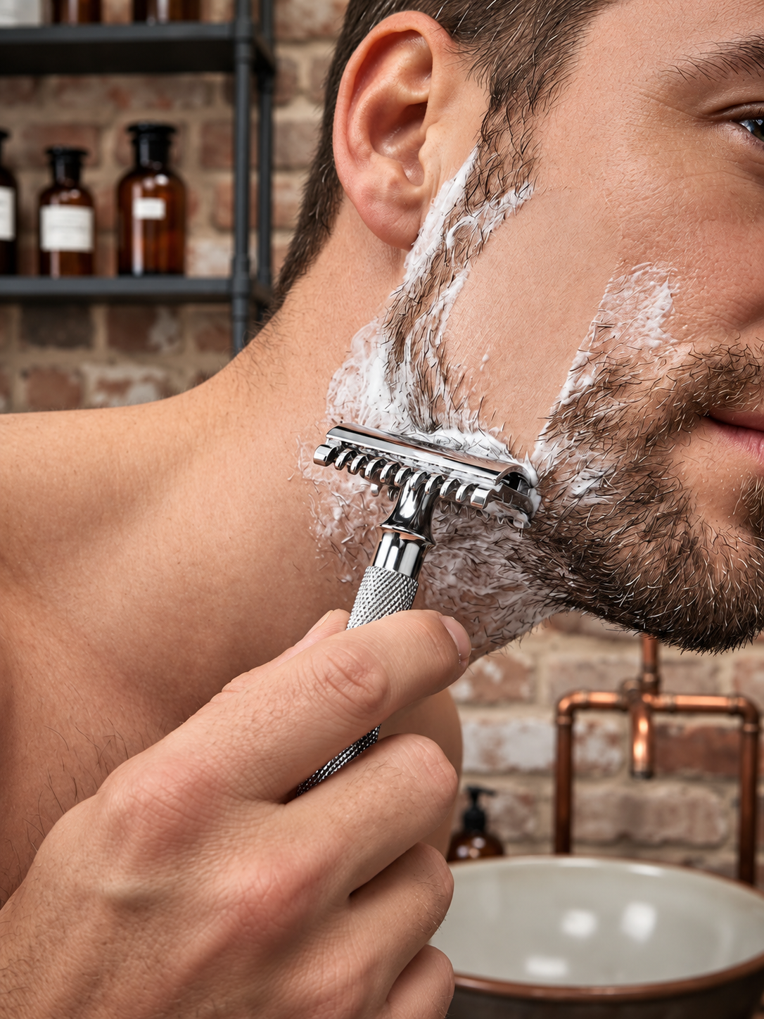 Man shaving with an open-comb stainless steel safety razor