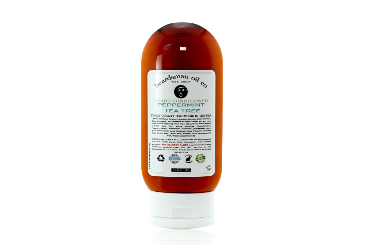 Bottle of Beardsman Oil Co Peppermint Tea Tree Beard Conditioner with white label