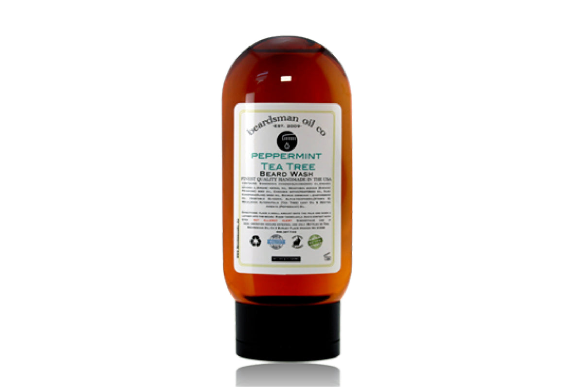 Bottle of Beardsman Oil Co Peppermint Tea Tree beard wash with white label