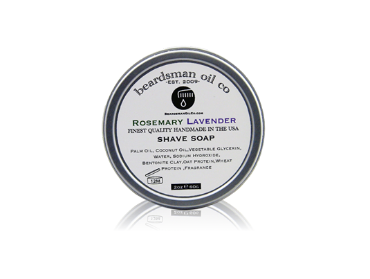 Beardsman™ Rosemary and Lavender shave soap in a 2 oz aluminum tin